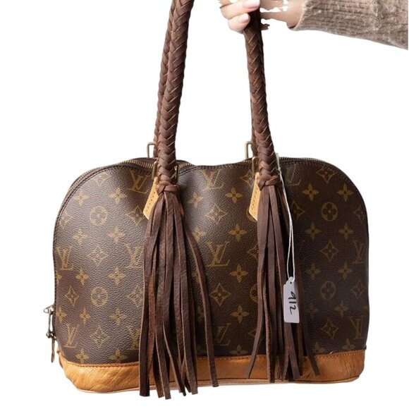 Louis Vuitton Vintage Boho Satchel Brown Monogram Canvas Luxury Western Fringe - Picture 1 of 16